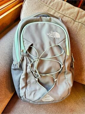 The North Face Jester Backpack in Light Gray with Mint Trim